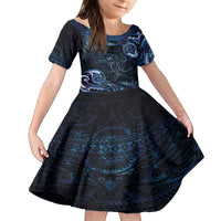 Aotearoa New Zealand Octopus Family Matching Puletasi and Hawaiian Shirt Silver Fern Maori Pattern LT05 Daughter's Dress Blue - Polynesian Pride
