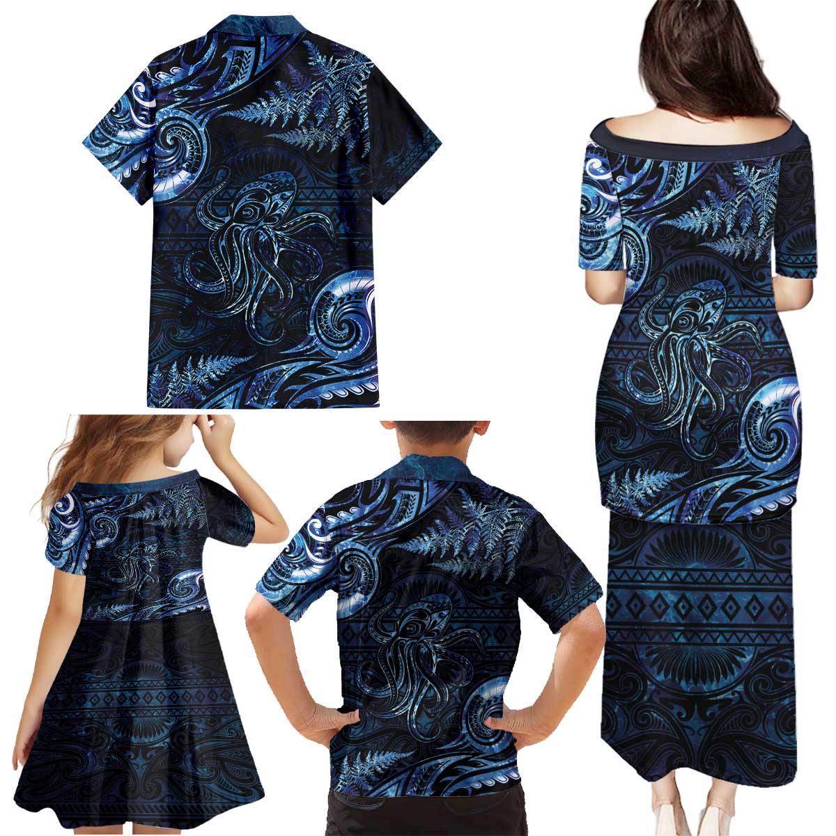 Aotearoa New Zealand Octopus Family Matching Puletasi and Hawaiian Shirt Silver Fern Maori Pattern LT05 - Polynesian Pride