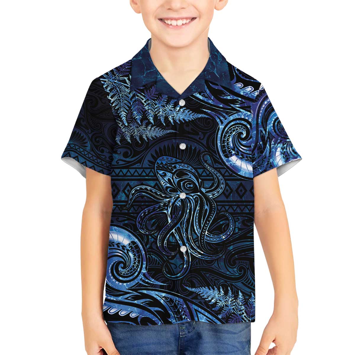 Aotearoa New Zealand Octopus Family Matching Puletasi and Hawaiian Shirt Silver Fern Maori Pattern LT05 Son's Shirt Blue - Polynesian Pride