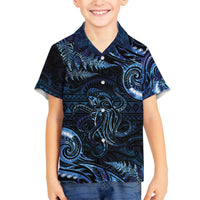 Aotearoa New Zealand Octopus Family Matching Puletasi and Hawaiian Shirt Silver Fern Maori Pattern LT05 Son's Shirt Blue - Polynesian Pride