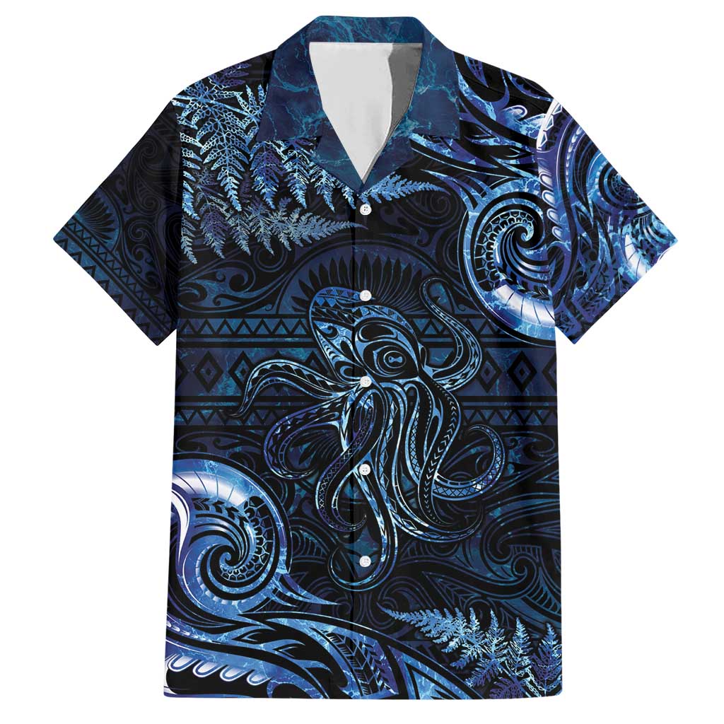 Aotearoa New Zealand Octopus Family Matching Short Sleeve Bodycon Dress and Hawaiian Shirt Silver Fern Maori Pattern LT05 Dad's Shirt - Short Sleeve Blue - Polynesian Pride