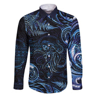 Aotearoa New Zealand Octopus Family Matching Short Sleeve Bodycon Dress and Hawaiian Shirt Silver Fern Maori Pattern LT05 Dad's Shirt - Long Sleeve Blue - Polynesian Pride