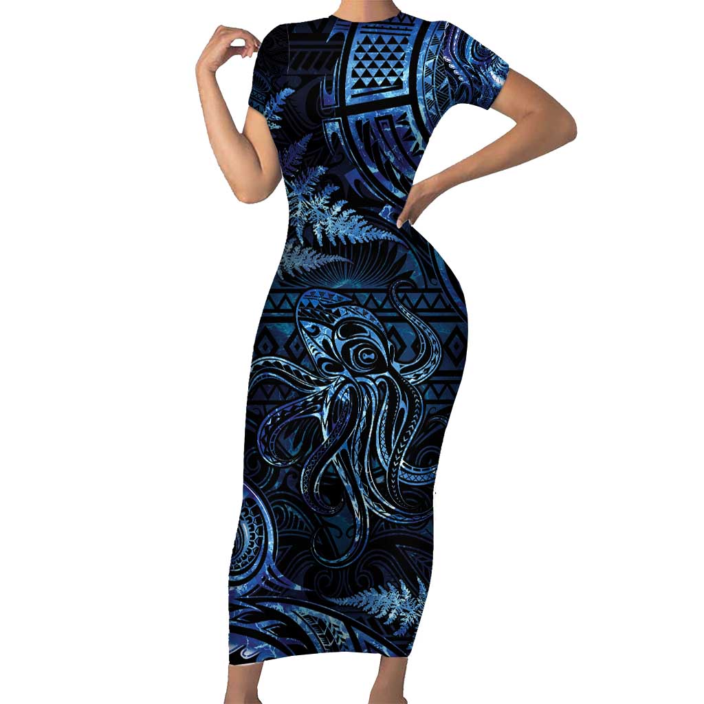 Aotearoa New Zealand Octopus Family Matching Short Sleeve Bodycon Dress and Hawaiian Shirt Silver Fern Maori Pattern LT05 Mom's Dress Blue - Polynesian Pride