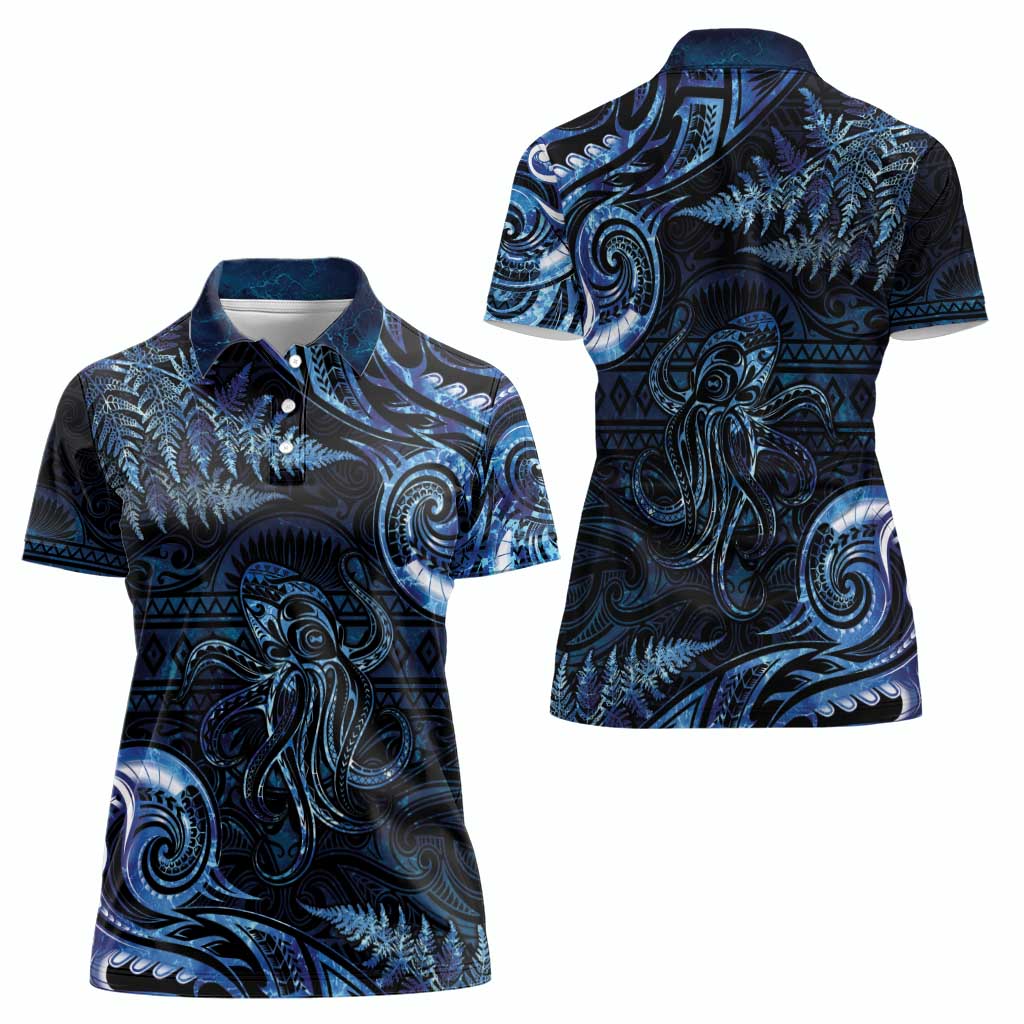Aotearoa New Zealand Octopus Women Polo Shirt Silver Fern Maori Pattern