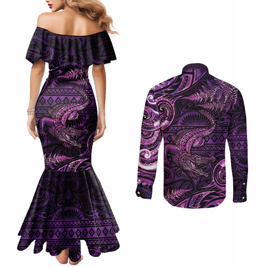 Aotearoa New Zealand Crocodile Couples Matching Mermaid Dress and Long Sleeve Button Shirt Silver Fern Maori Pattern