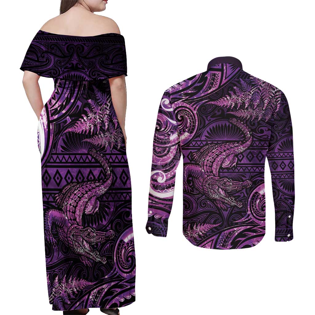 Aotearoa New Zealand Crocodile Couples Matching Off Shoulder Maxi Dress and Long Sleeve Button Shirt Silver Fern Maori Pattern
