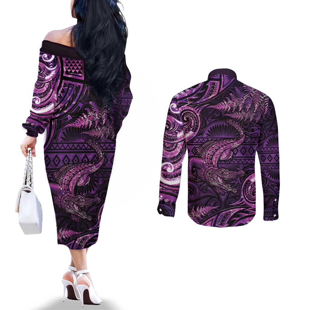 Aotearoa New Zealand Crocodile Couples Matching Off The Shoulder Long Sleeve Dress and Long Sleeve Button Shirt Silver Fern Maori Pattern