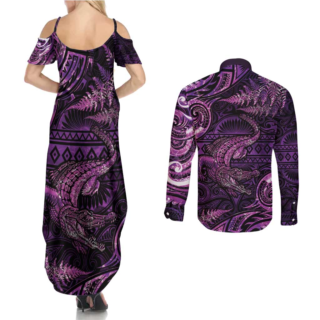 Aotearoa New Zealand Crocodile Couples Matching Summer Maxi Dress and Long Sleeve Button Shirt Silver Fern Maori Pattern