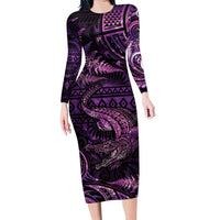 Aotearoa New Zealand Crocodile Family Matching Long Sleeve Bodycon Dress and Hawaiian Shirt Silver Fern Maori Pattern LT05 Mom's Dress Purple - Polynesian Pride