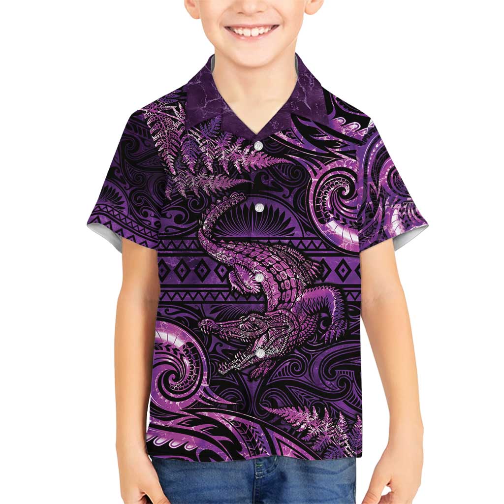 Aotearoa New Zealand Crocodile Family Matching Long Sleeve Bodycon Dress and Hawaiian Shirt Silver Fern Maori Pattern LT05 Son's Shirt Purple - Polynesian Pride