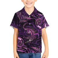 Aotearoa New Zealand Crocodile Family Matching Long Sleeve Bodycon Dress and Hawaiian Shirt Silver Fern Maori Pattern LT05 Son's Shirt Purple - Polynesian Pride