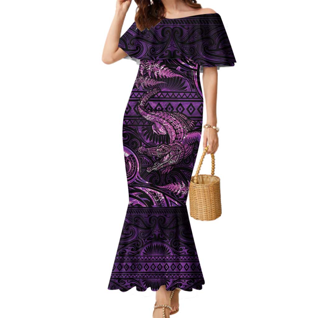 Aotearoa New Zealand Crocodile Family Matching Mermaid Dress and Hawaiian Shirt Silver Fern Maori Pattern LT05 Mom's Dress Purple - Polynesian Pride