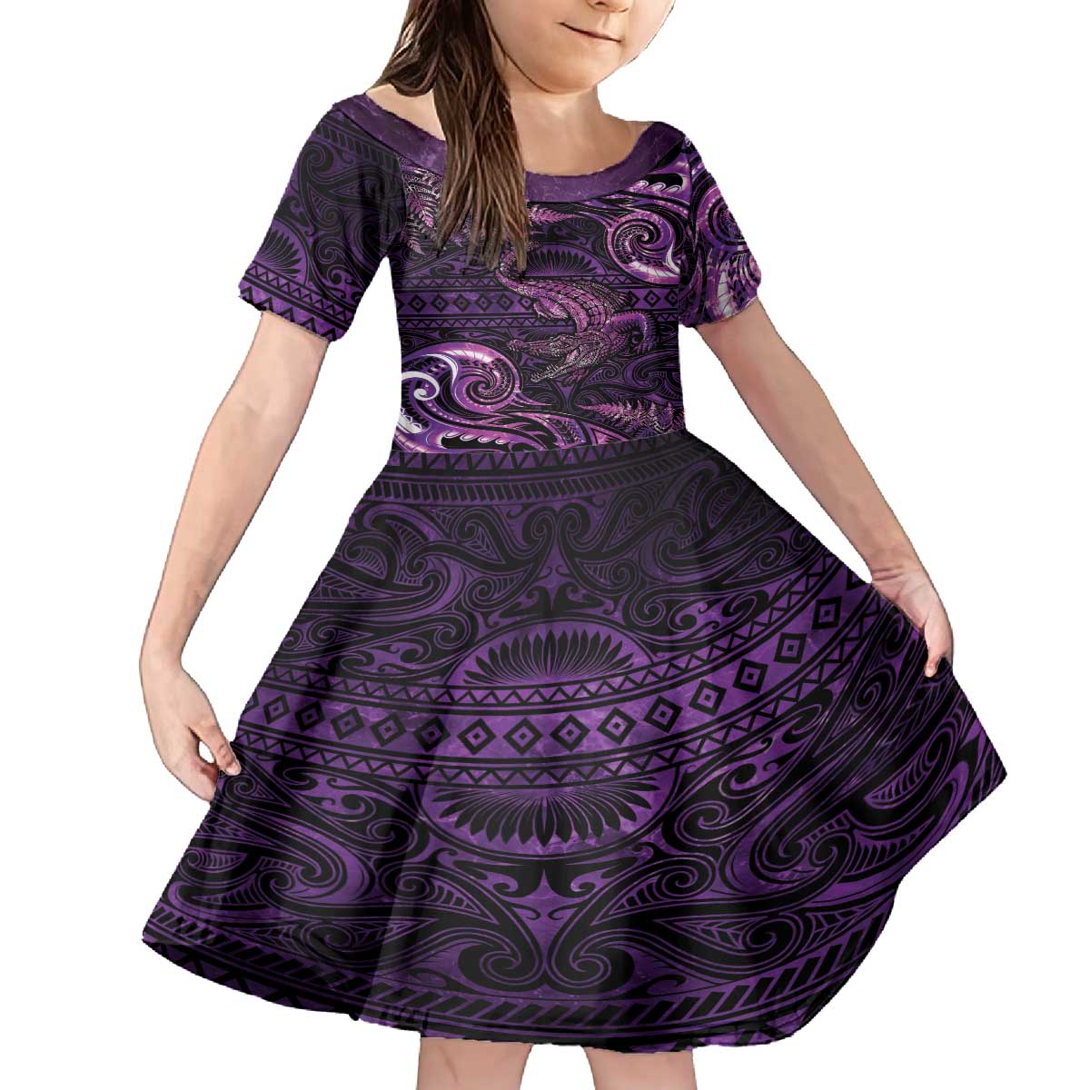 Aotearoa New Zealand Crocodile Family Matching Puletasi and Hawaiian Shirt Silver Fern Maori Pattern LT05 Daughter's Dress Purple - Polynesian Pride