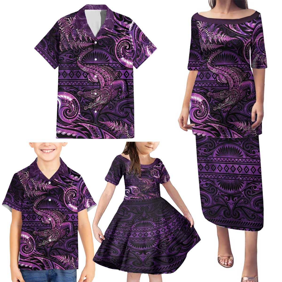 Aotearoa New Zealand Crocodile Family Matching Puletasi and Hawaiian Shirt Silver Fern Maori Pattern LT05 - Polynesian Pride