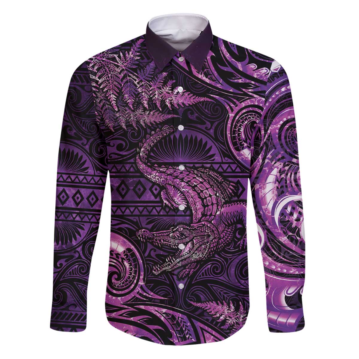 Aotearoa New Zealand Crocodile Family Matching Puletasi and Hawaiian Shirt Silver Fern Maori Pattern LT05 Dad's Shirt - Long Sleeve Purple - Polynesian Pride