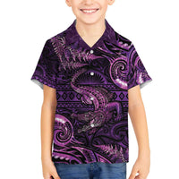 Aotearoa New Zealand Crocodile Family Matching Puletasi and Hawaiian Shirt Silver Fern Maori Pattern LT05 Son's Shirt Purple - Polynesian Pride