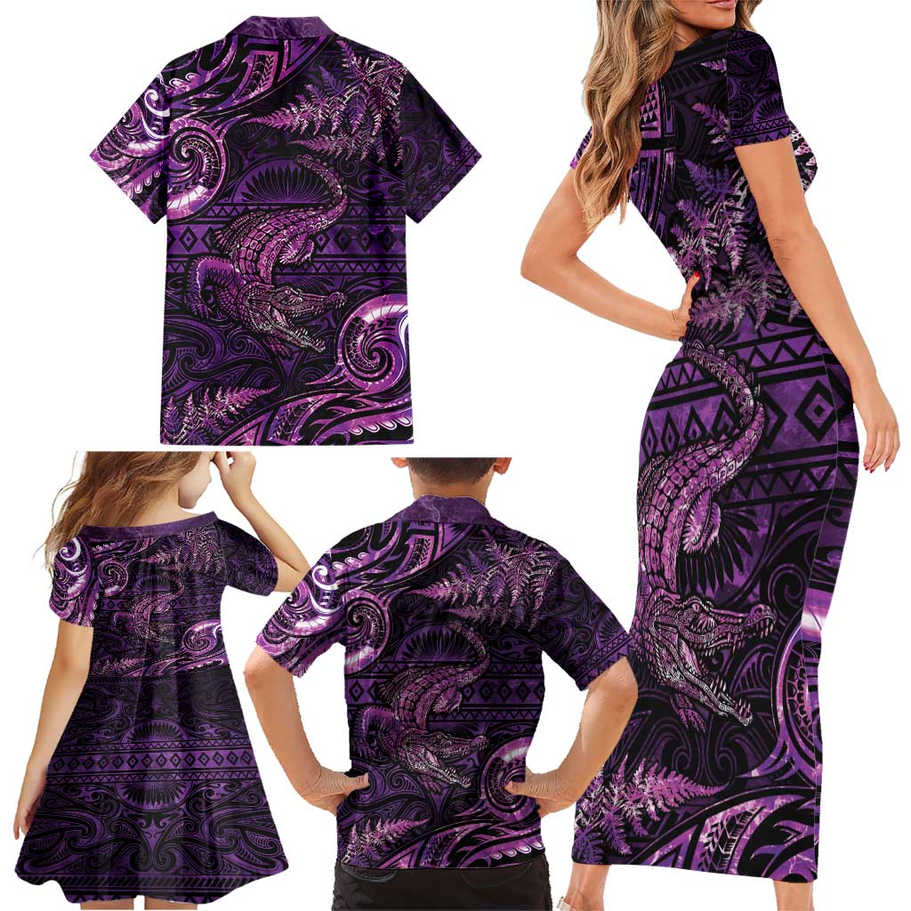 Aotearoa New Zealand Crocodile Family Matching Short Sleeve Bodycon Dress and Hawaiian Shirt Silver Fern Maori Pattern LT05 - Polynesian Pride