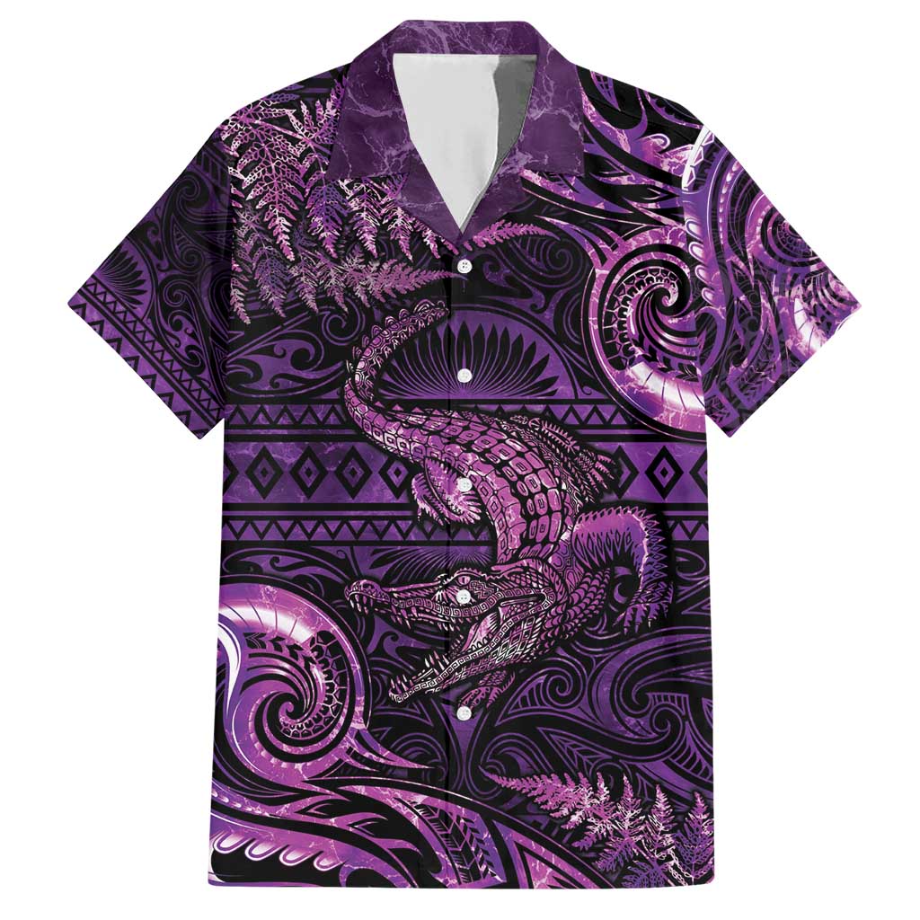 Aotearoa New Zealand Crocodile Family Matching Short Sleeve Bodycon Dress and Hawaiian Shirt Silver Fern Maori Pattern LT05 Dad's Shirt - Short Sleeve Purple - Polynesian Pride