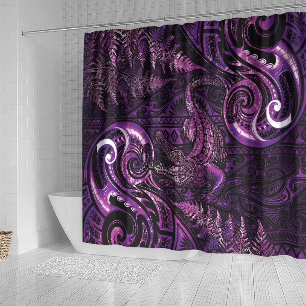 Aotearoa New Zealand Crocodile Shower Curtain Silver Fern Maori Pattern