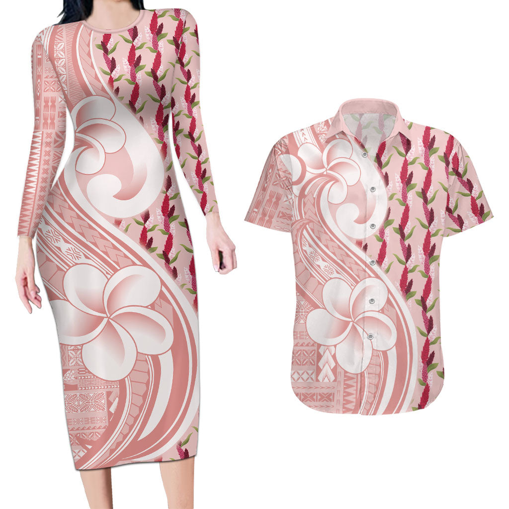 Samoa Teuila Couples Matching Long Sleeve Bodycon Dress and Hawaiian Shirt Pink Samoan Siapo Motifs