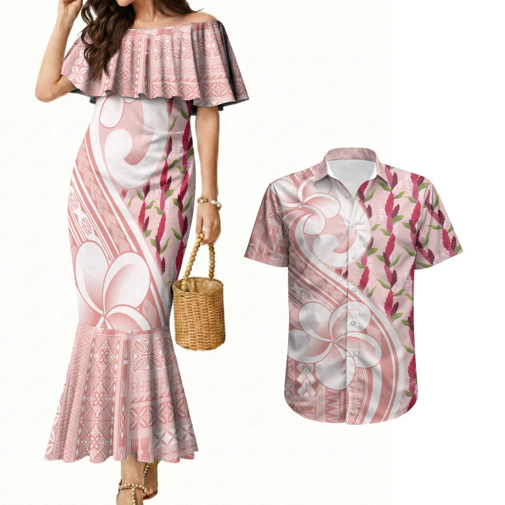 Samoa Teuila Couples Matching Mermaid Dress and Hawaiian Shirt Pink Samoan Siapo Motifs LT05 Pink - Polynesian Pride