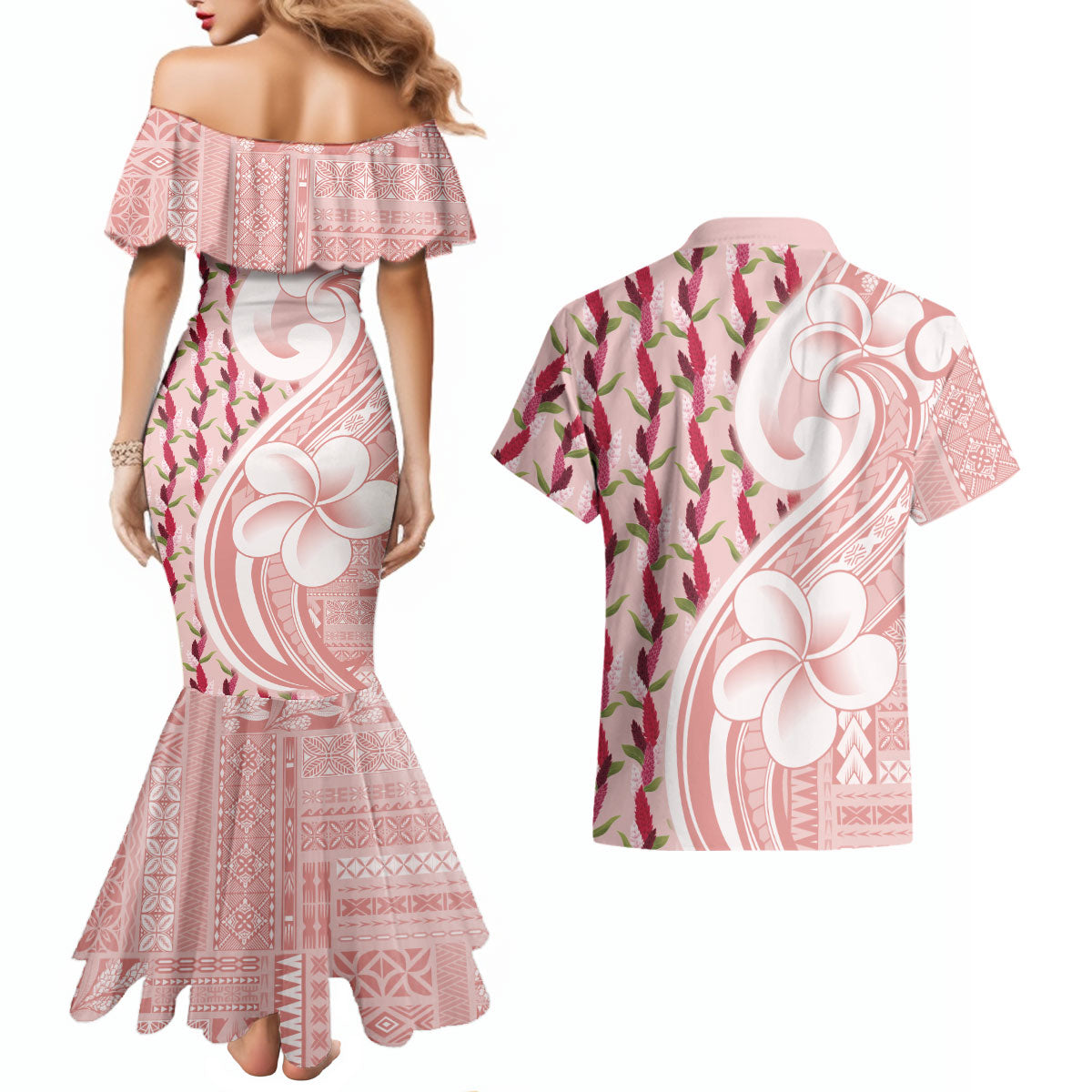 Samoa Teuila Couples Matching Mermaid Dress and Hawaiian Shirt Pink Samoan Siapo Motifs