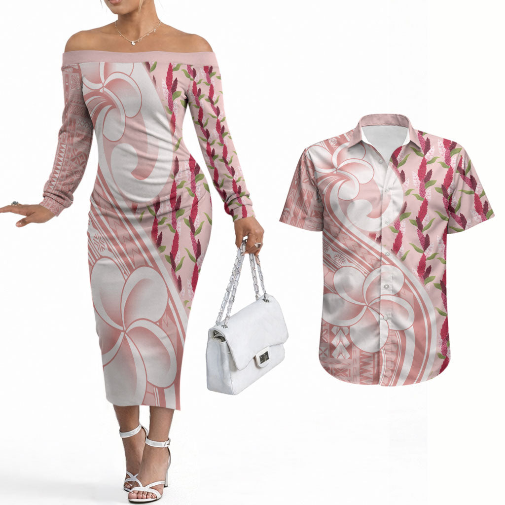 Samoa Teuila Couples Matching Off The Shoulder Long Sleeve Dress and Hawaiian Shirt Pink Samoan Siapo Motifs LT05 Pink - Polynesian Pride