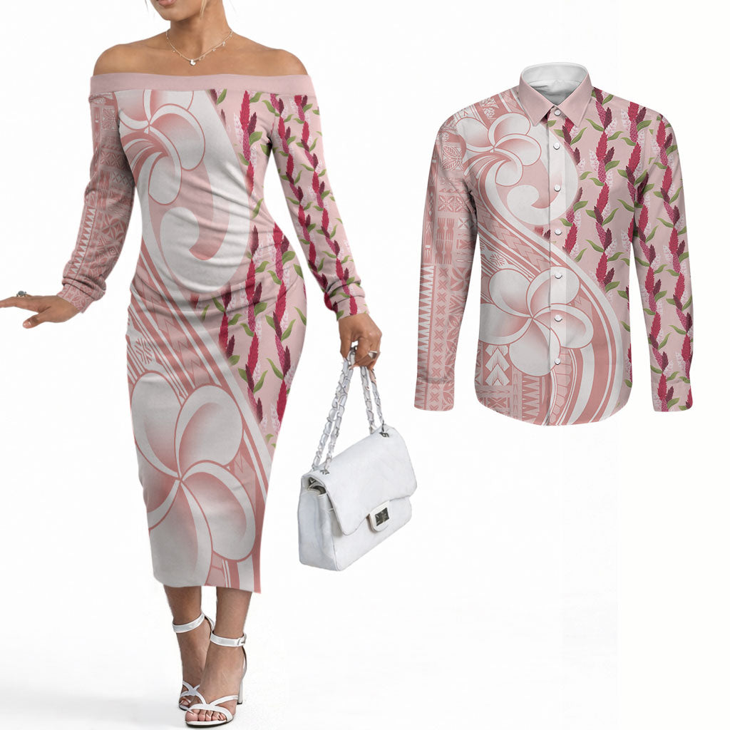 Samoa Teuila Couples Matching Off The Shoulder Long Sleeve Dress and Long Sleeve Button Shirt Pink Samoan Siapo Motifs LT05 Pink - Polynesian Pride
