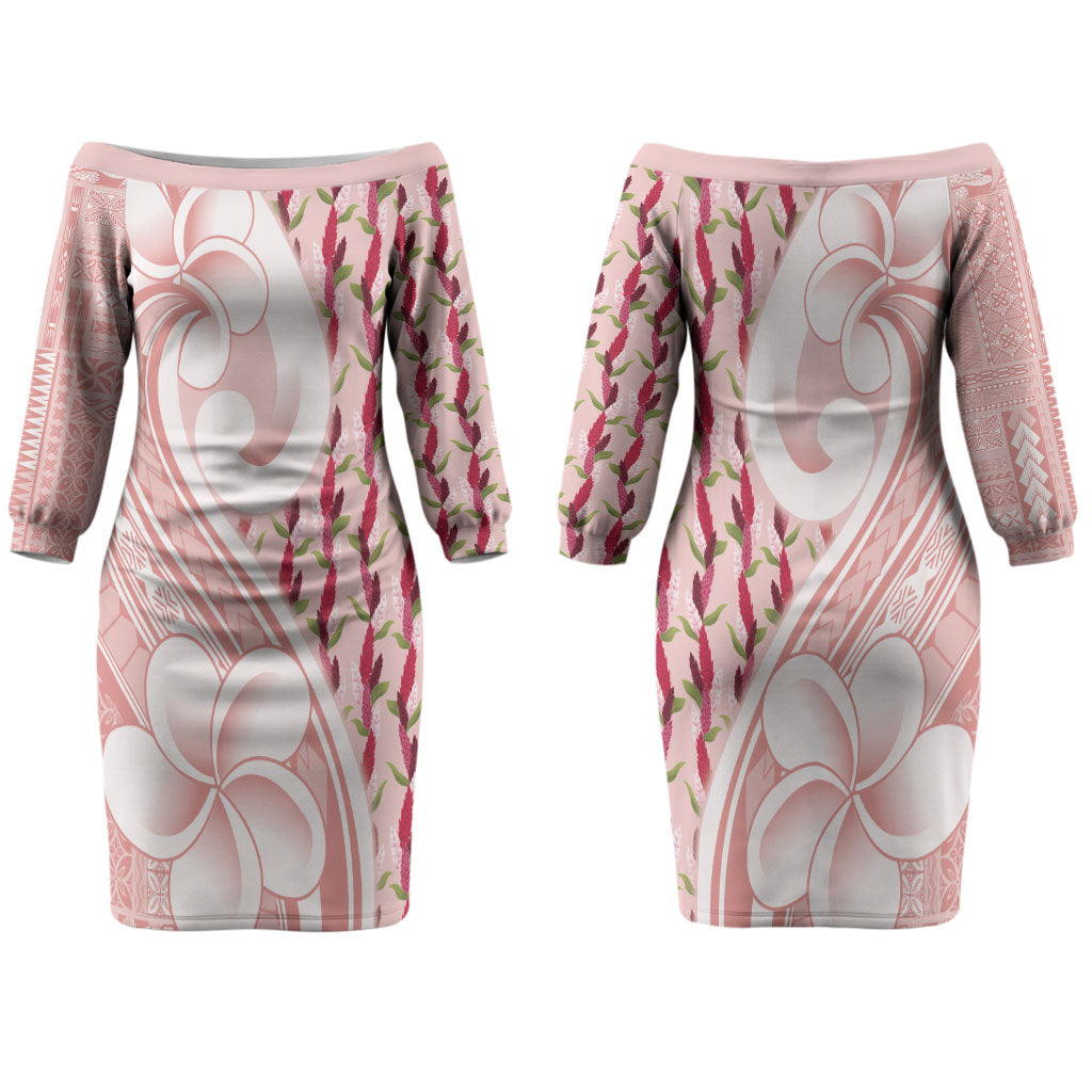 Samoa Teuila Couples Matching Off The Shoulder Long Sleeve Dress and Long Sleeve Button Shirt Pink Samoan Siapo Motifs LT05 - Polynesian Pride