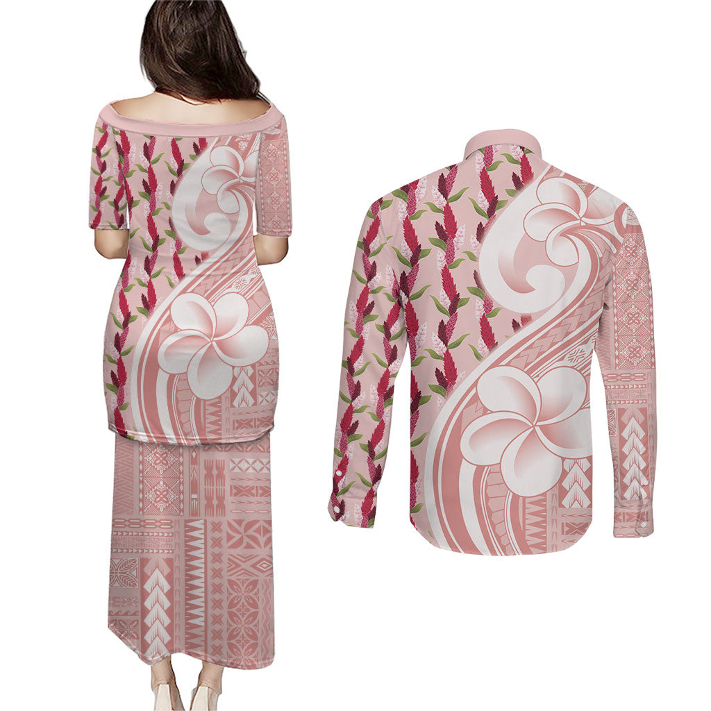Samoa Teuila Couples Matching Puletasi and Long Sleeve Button Shirt Pink Samoan Siapo Motifs
