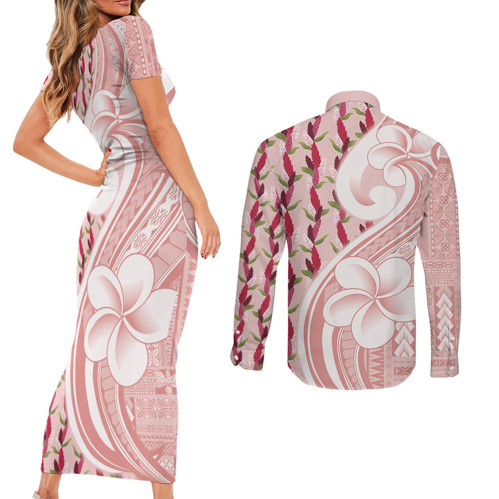 Samoa Teuila Couples Matching Short Sleeve Bodycon Dress and Long Sleeve Button Shirt Pink Samoan Siapo Motifs