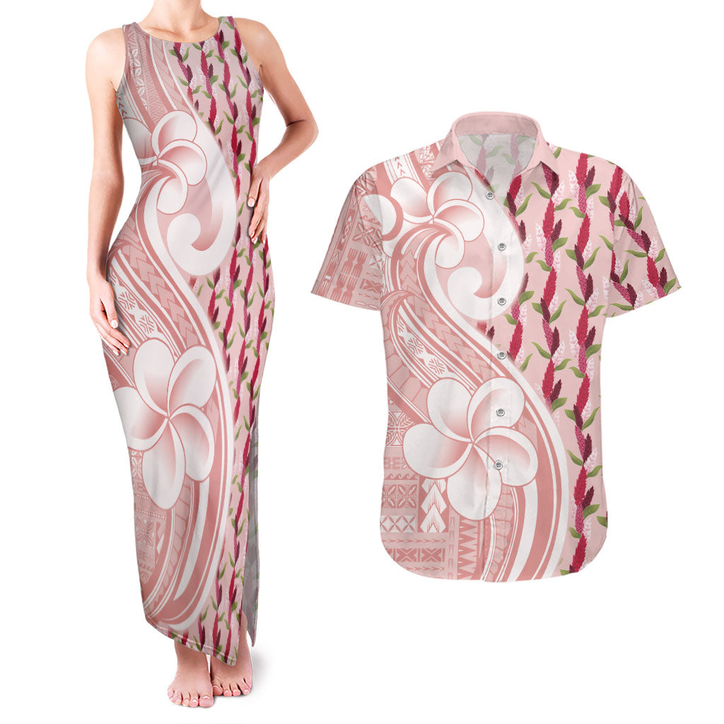 Samoa Teuila Couples Matching Tank Maxi Dress and Hawaiian Shirt Pink Samoan Siapo Motifs