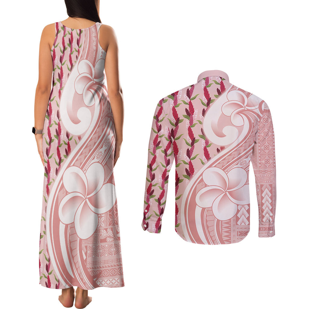 Samoa Teuila Couples Matching Tank Maxi Dress and Long Sleeve Button Shirt Pink Samoan Siapo Motifs