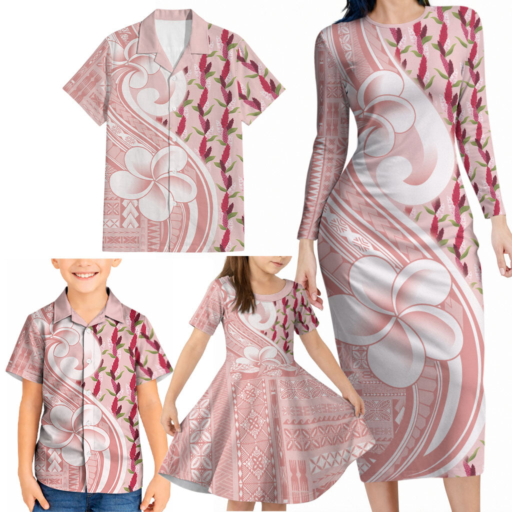 Samoa Teuila Family Matching Long Sleeve Bodycon Dress and Hawaiian Shirt Pink Samoan Siapo Motifs LT05 - Polynesian Pride