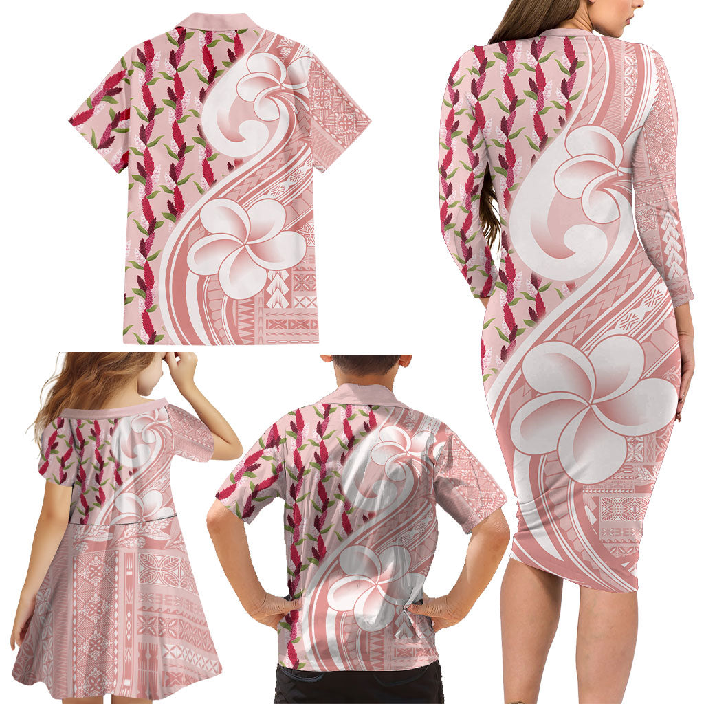 Samoa Teuila Family Matching Long Sleeve Bodycon Dress and Hawaiian Shirt Pink Samoan Siapo Motifs