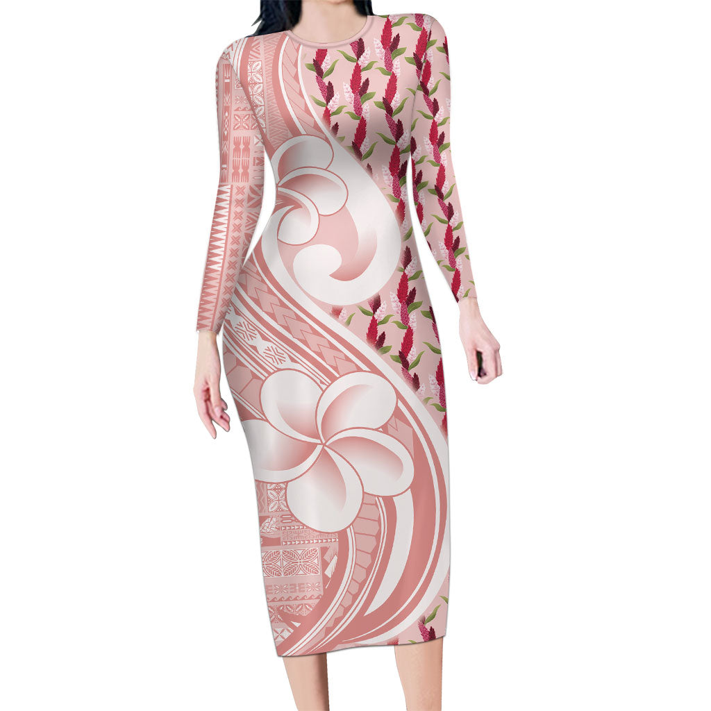 Samoa Teuila Family Matching Long Sleeve Bodycon Dress and Hawaiian Shirt Pink Samoan Siapo Motifs