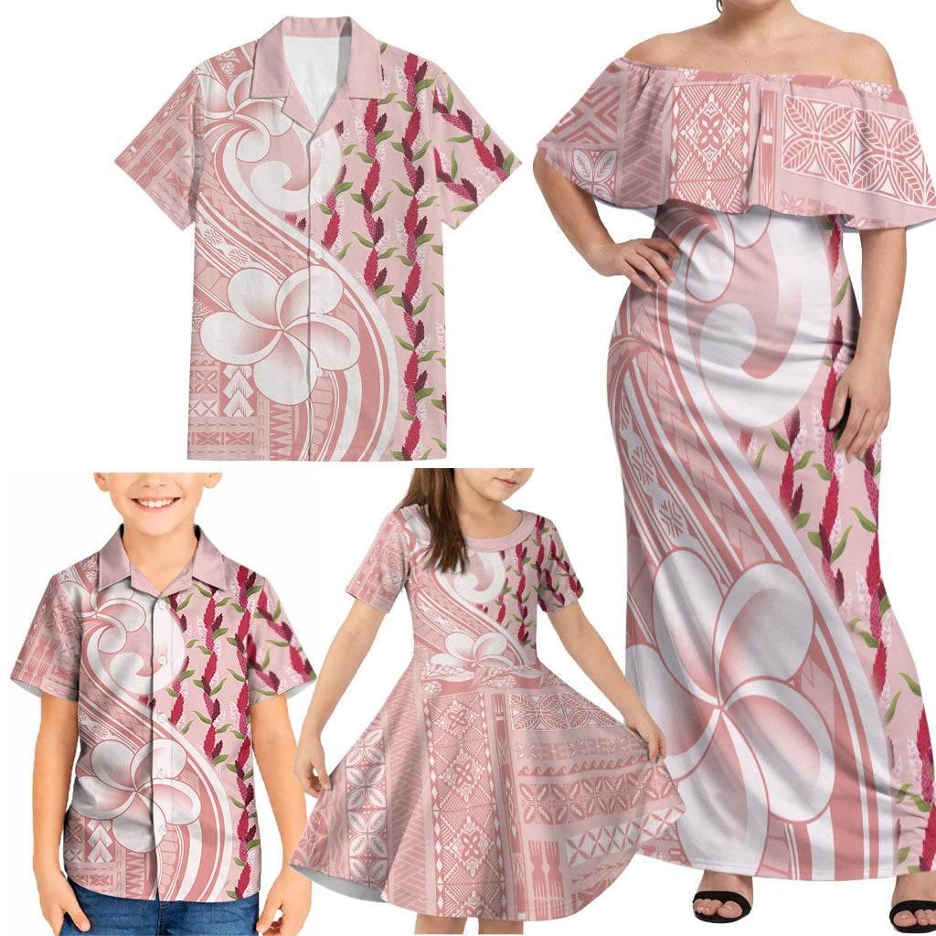 Samoa Teuila Family Matching Off Shoulder Maxi Dress and Hawaiian Shirt Pink Samoan Siapo Motifs LT05 - Polynesian Pride