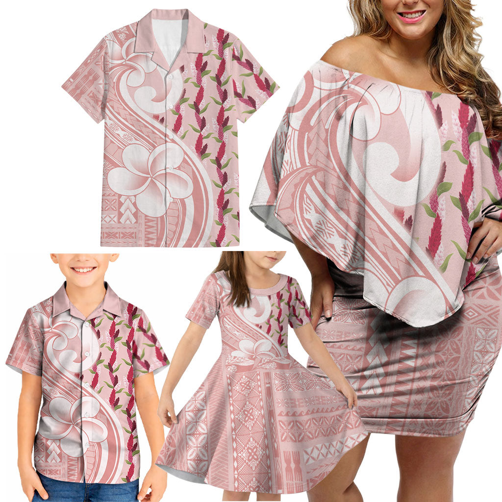 Samoa Teuila Family Matching Off Shoulder Short Dress and Hawaiian Shirt Pink Samoan Siapo Motifs LT05 - Polynesian Pride