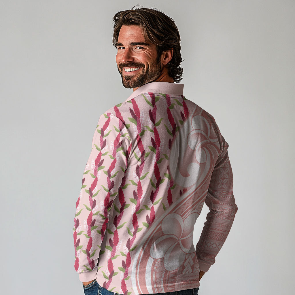 Samoa Teuila Long Sleeve Polo Shirt Pink Samoan Siapo Motifs