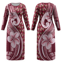 Samoa Teuila Couples Matching Long Sleeve Bodycon Dress and Hawaiian Shirt Maroon Samoan Siapo Motifs LT05 - Polynesian Pride