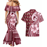 Samoa Teuila Couples Matching Mermaid Dress and Hawaiian Shirt Maroon Samoan Siapo Motifs
