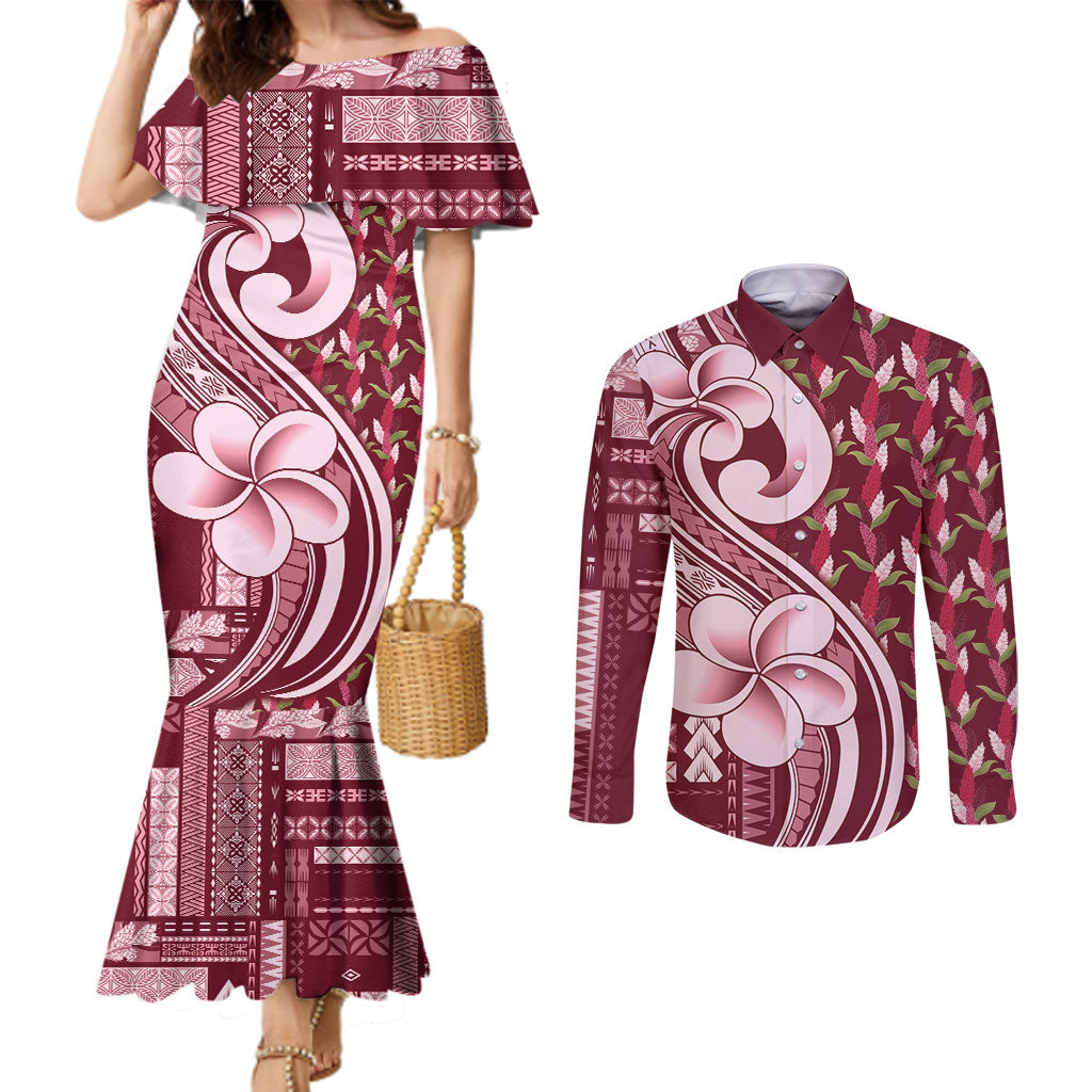 Samoa Teuila Couples Matching Mermaid Dress and Long Sleeve Button Shirt Maroon Samoan Siapo Motifs