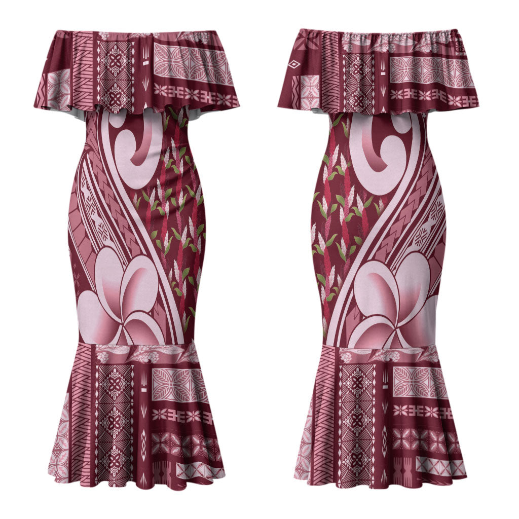 Samoa Teuila Couples Matching Mermaid Dress and Long Sleeve Button Shirt Maroon Samoan Siapo Motifs LT05 - Polynesian Pride
