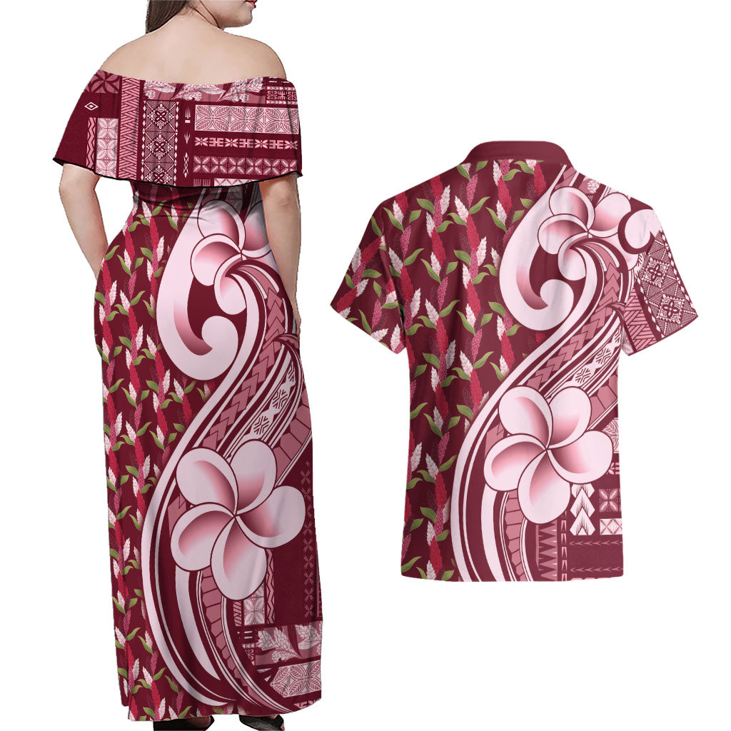 Samoa Teuila Couples Matching Off Shoulder Maxi Dress and Hawaiian Shirt Maroon Samoan Siapo Motifs