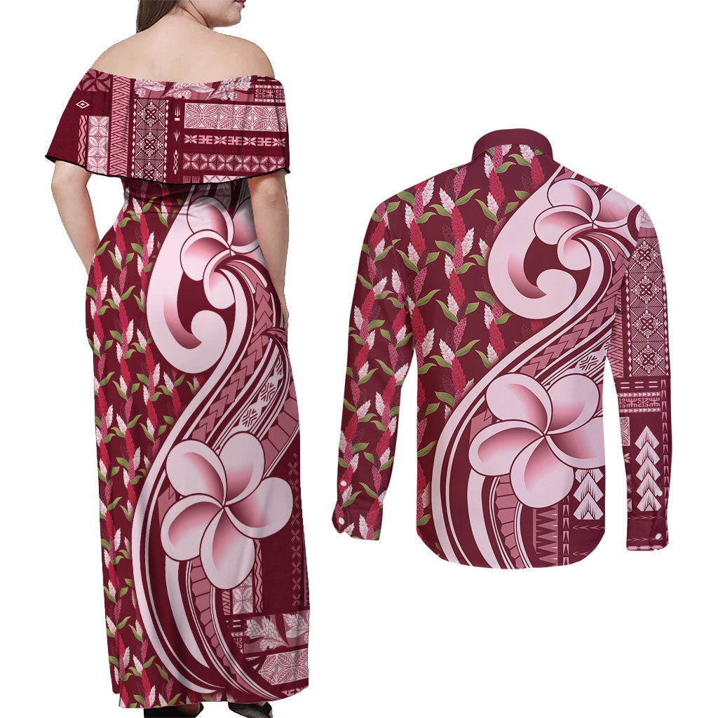 Samoa Teuila Couples Matching Off Shoulder Maxi Dress and Long Sleeve Button Shirt Maroon Samoan Siapo Motifs