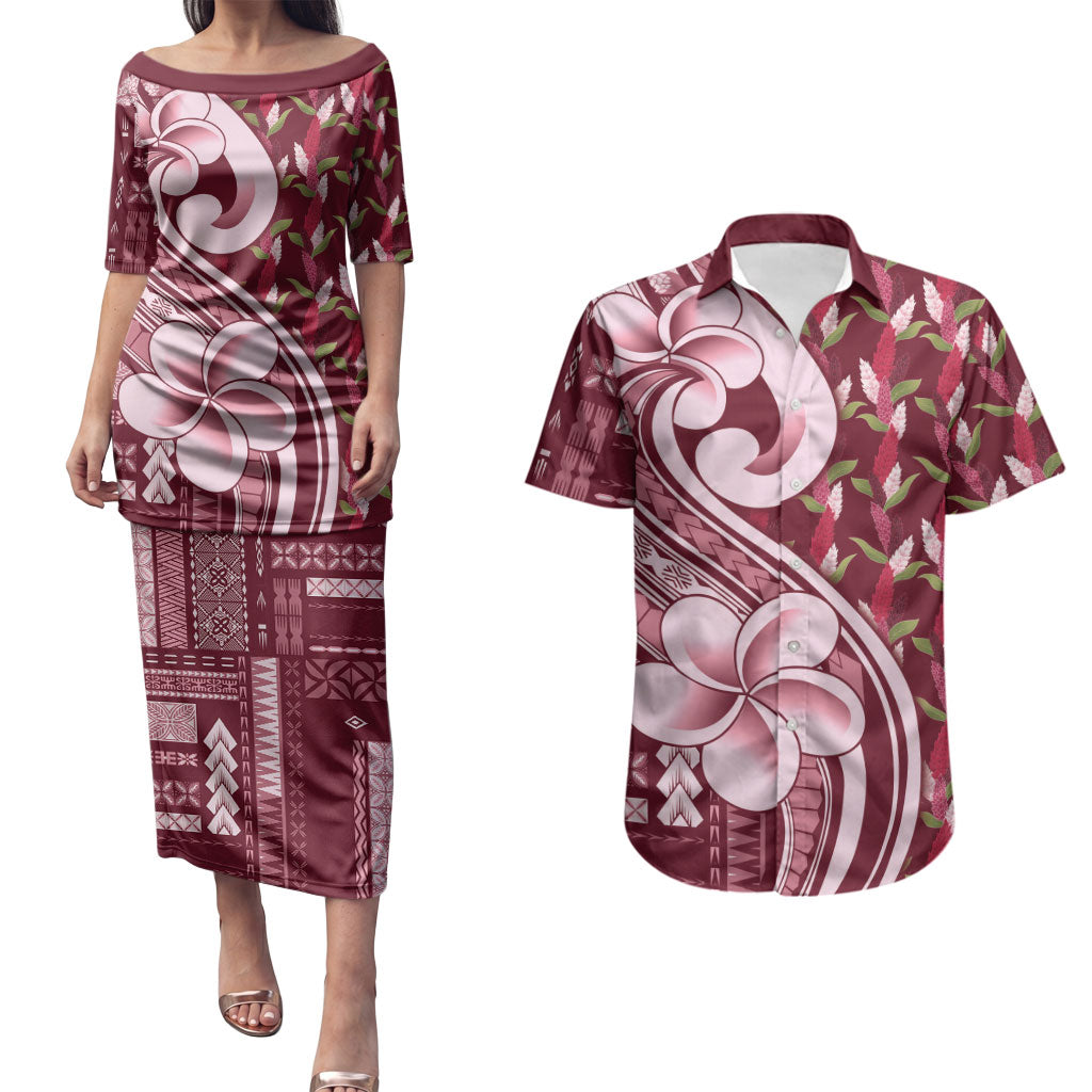 Samoa Teuila Couples Matching Puletasi and Hawaiian Shirt Maroon Samoan Siapo Motifs LT05 Maroon - Polynesian Pride
