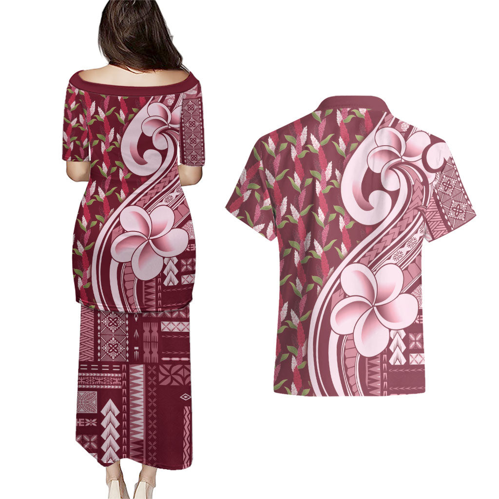 Samoa Teuila Couples Matching Puletasi and Hawaiian Shirt Maroon Samoan Siapo Motifs