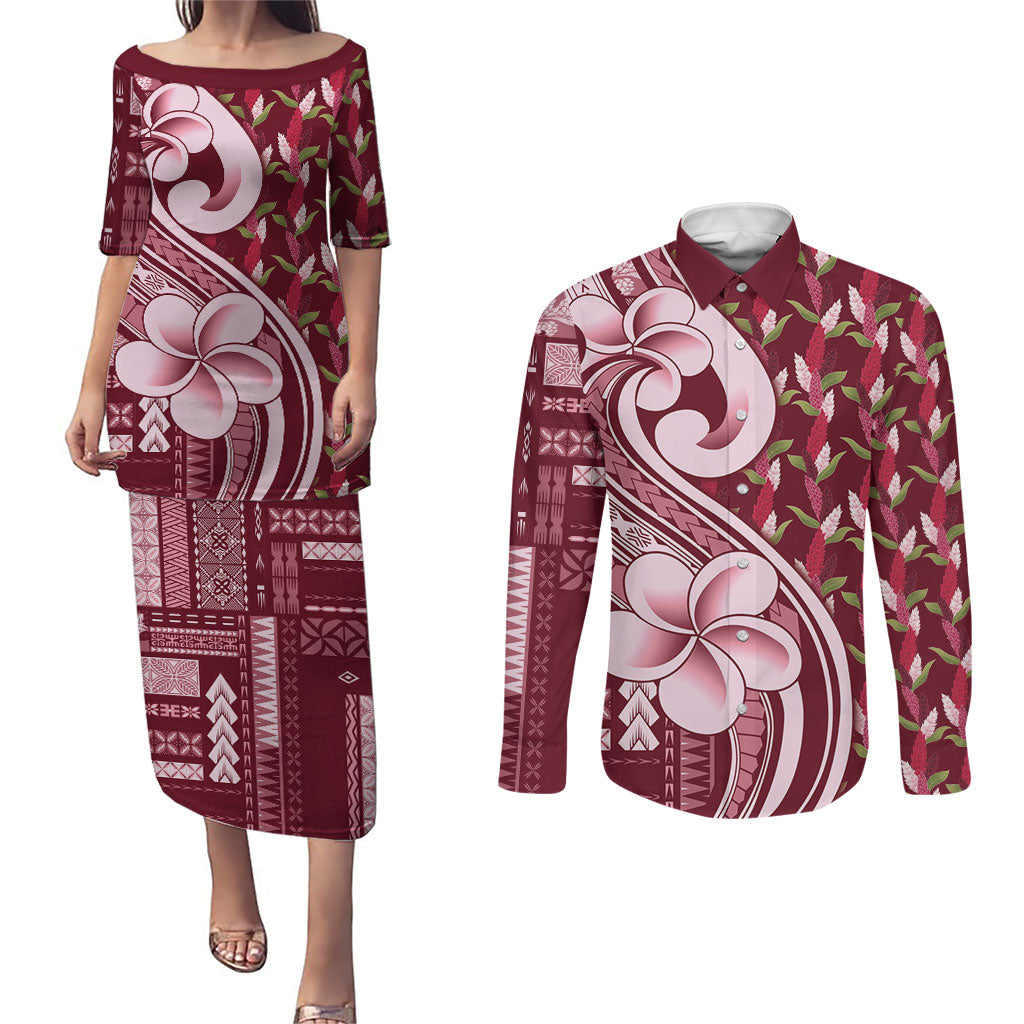 Samoa Teuila Couples Matching Puletasi and Long Sleeve Button Shirt Maroon Samoan Siapo Motifs