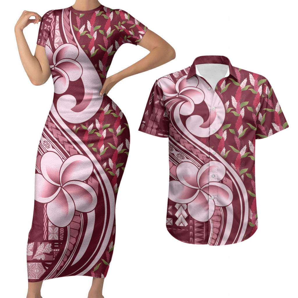 Samoa Teuila Couples Matching Short Sleeve Bodycon Dress and Hawaiian Shirt Maroon Samoan Siapo Motifs LT05 Maroon - Polynesian Pride