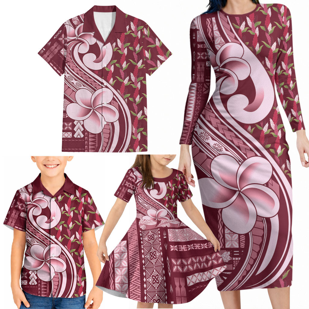 Samoa Teuila Family Matching Long Sleeve Bodycon Dress and Hawaiian Shirt Maroon Samoan Siapo Motifs LT05 - Polynesian Pride